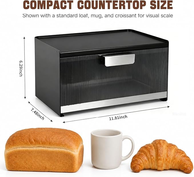 Metal Bread Box for Kitchen Countertop, 10 Qt Morden Small Breadbox | for Bread Storage, No Assembly Required, Easy Cleaning, Never Cracks, Black - Image 2