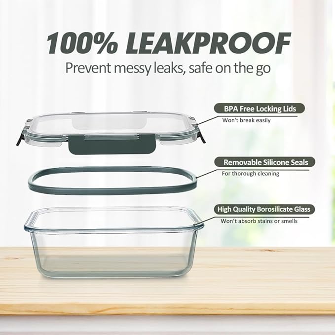 VERONES 12 Packs Glass Food Storage Containers Set with Lids, Grey | Airtight Glass Lunch Containers, Glass Meal Prep Containers with Lids, for Microwave, Oven, Freezer & Dishwasher Friendly - Image 3