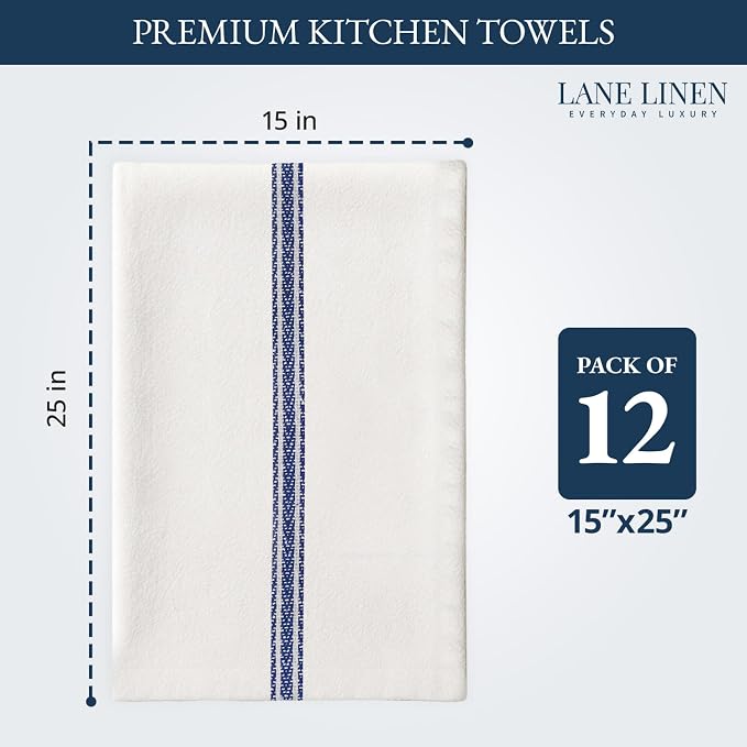 LANE LINEN Kitchen Towel Set- 12 Pack 14"x25" Dishtowels for Kitchen, Absorbent 100% Cotton Dish Drying Towels, Cleaning Cloth for Countertops, Soft & Durable, Machine Washable - Blue Stripe - Image 2