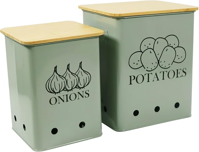 Kitchen Vegetable Storage Tins Set of 2, Onion and Potato Storage Bins with Wooden Lid and Aerating Holes, Garlic Bin Caddy, Vintage Kitchen Decor, Green by Gdfjiy