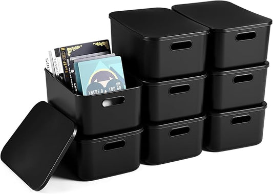 8 Pieces Colorful Storage Bins with Lid, Plastic Storage Basket Organizing Container Stackable Box with Handle for Shelves Desktop Playroom Office(13.8 x 9.8 x 5.9 Inch,Black) by Hoolerry