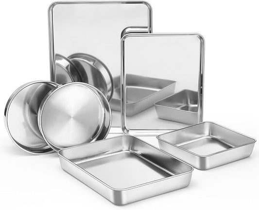 E-far Stainless Steel Baking Pan Set, 6-Piece Metal Bakeware Sets Include Cookie Sheet, Round Square Rectangle Cake Pans, Non-toxic & Dishwasher Safe by E-far