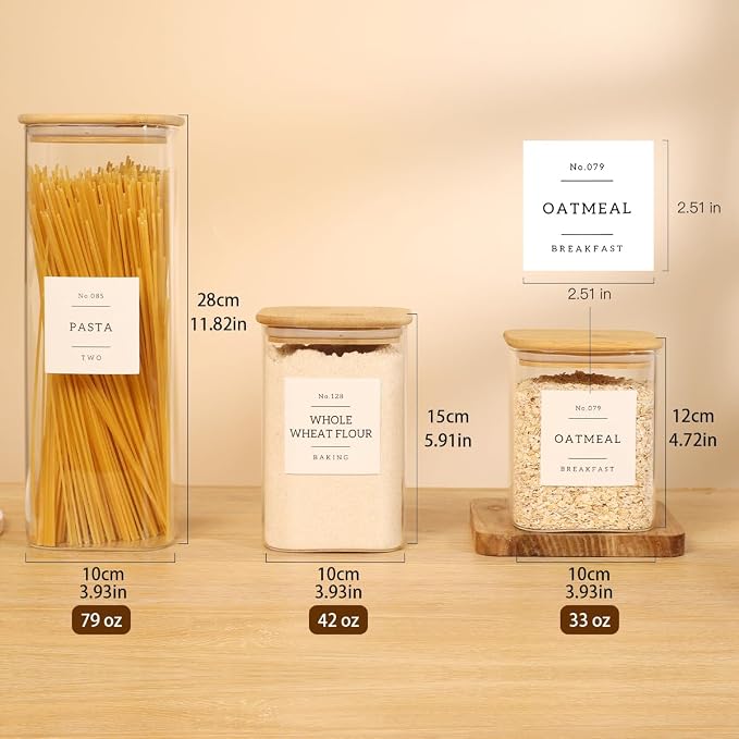 5 Pack Square Glass Pantry Storage Containers with 132 Kitchen Food Pantry Labels - Clear Glass Pantry Jars with Airtight Wood Bamboo Lids - Glass Canisters for Pasta, Cereal, Coffee, Flour, Sugar - Image 3