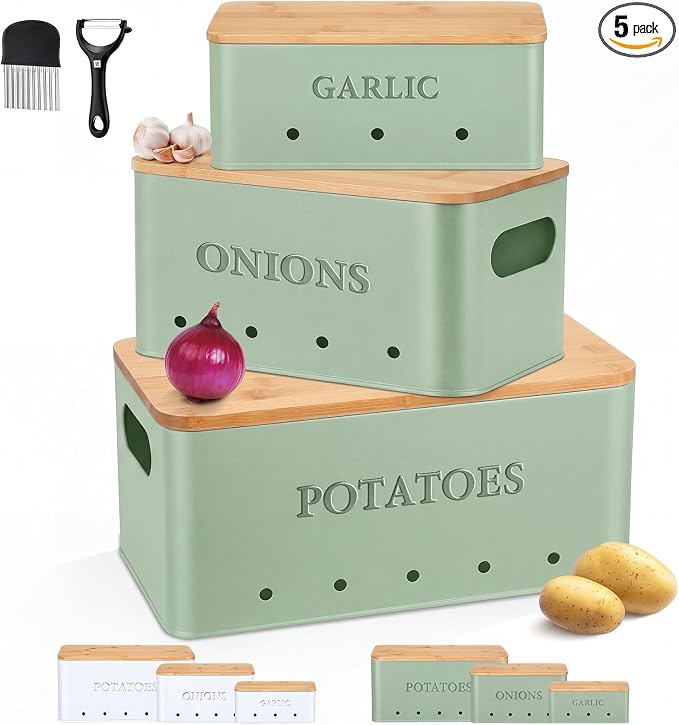 Honeydak 3 PCS Sage Green Potato Onion Garlic Storage Bins Set, Metal Vegetable Keeper Containers with Lids Aerating Holes for Kitchen Counter Pantry Keep Fresh Longer Farmhouse for Sweet-potato Fruit by Honeydak