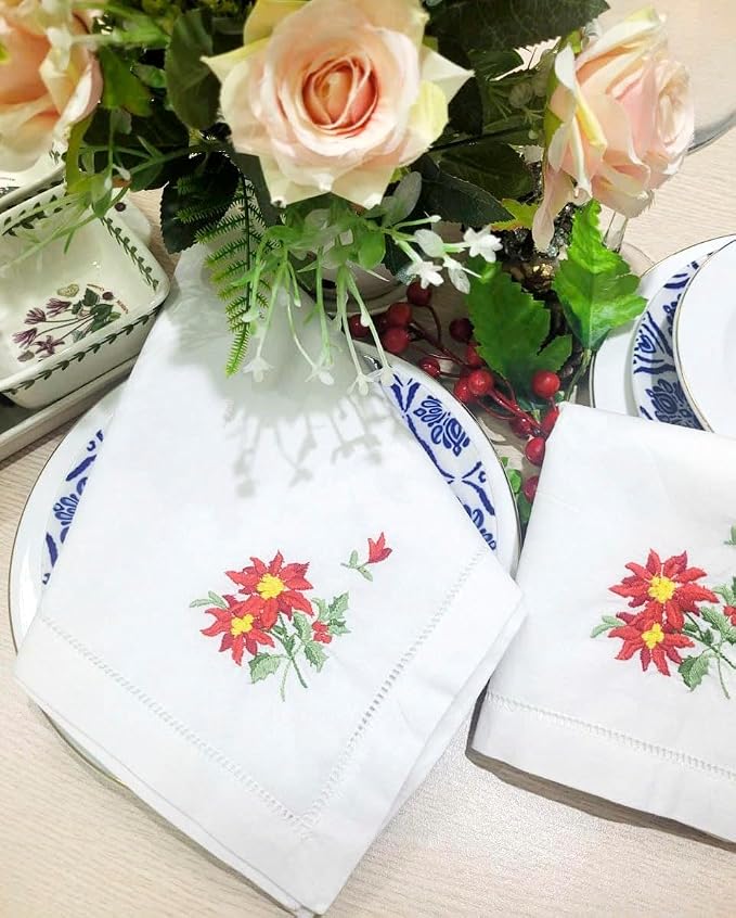 Embroidered Cloth Napkin Red Poinsettia and Holly Christmas Cotton Napkins Set of 6, 20 x 20 Hemstitch Table Napkins Machine Washable, Daily & Holidays, Great Gift Ideas - Image 3