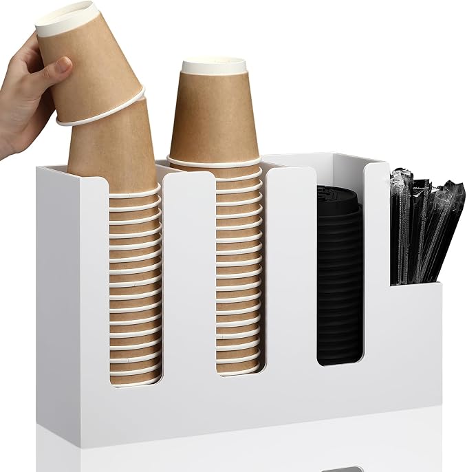 4 Compartments Acrylic Coffee Cup and Lid Storage Organizer Holder Disposable Paper Cup Dispenser Organizer Plastic Lid Holder Accessories for Kitchen Bar Shop Party Supplies (White) by Cunhill