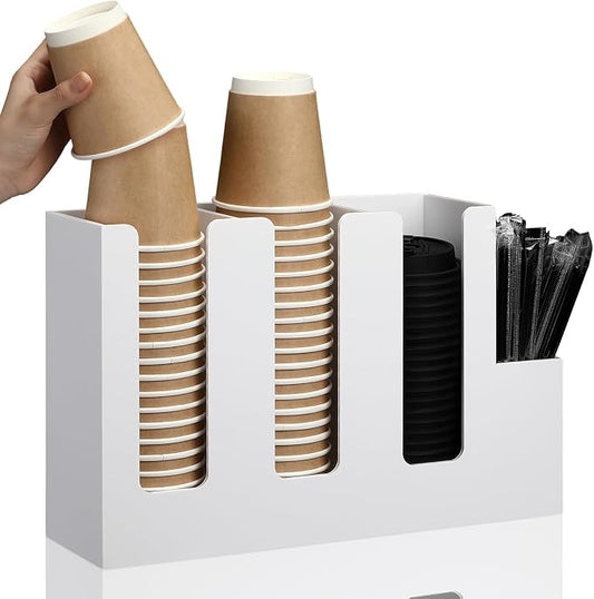 4 Compartments Acrylic Coffee Cup and Lid Storage Organizer Holder Disposable Paper Cup Dispenser Organizer Plastic Lid Holder Accessories for Kitchen Bar Shop Party Supplies (White) by Cunhill