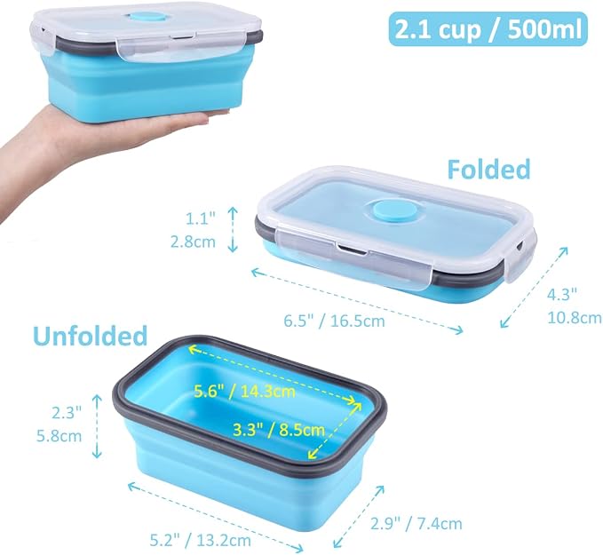 Collapsible Food Storage Containers with Airtight Lid & Air Vent, 16.9 oz, Kitchen Stacking Silicone Collapsible Meal Prep Container Set for Leftover, Microwave Freezer Dishwasher Safe, Blue, Set of 4 - Image 6