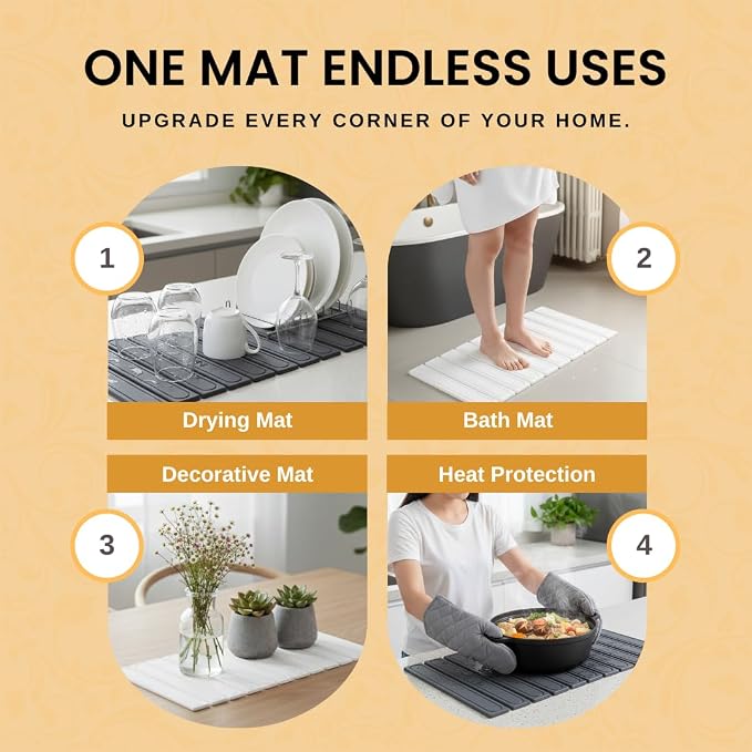 2-In-1 Stone Dish Drying Mat Set For Kitchen Counter. New Collapsiable Space Saving Diatomaceous Earth Stone Dish Mat 23.6"(L)x15.3"(W) + Faucet Protector 23.6"(L)x4(W)- Ultra Absorbent Non-Slip-White - Image 2