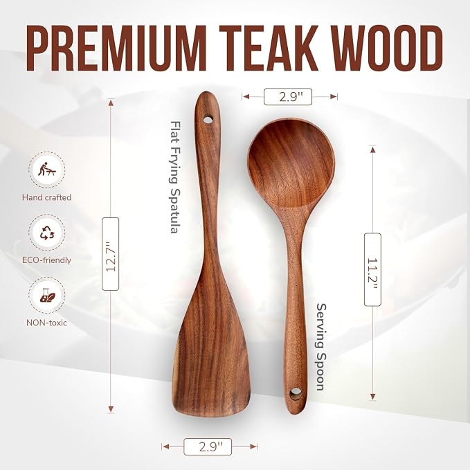 2 Piece Teak Wood Utensils Set– Flat Edge Turner & Serving Spoon – Non Toxic, Dishwasher Safe, Plastic Free Wooden Spatulas for Nonstick Pans – Essential Kitchen Utensils for Cooking" - Image 4