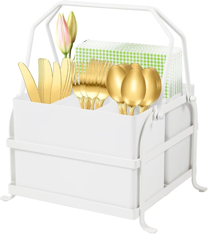NelyBet Silverware Caddy Utensil Holder With Handle,Outdoor Silverware Holder Picnic Caddy and Camping Utensil Organizer, Flatware Holder for Party Gatherings, Metal -White by NelyBet