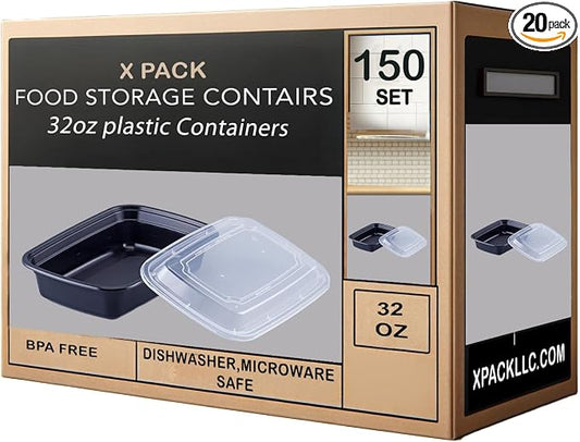 X PACK 32oz Black Meal Prep Containers (150)-Heavy Duty Food Storage Containers w/Lids Plastic Bento Box Reusable BPA Free Lunch Boxes Disposable, Microwave Dishwasher Freezer Safe by XPACK