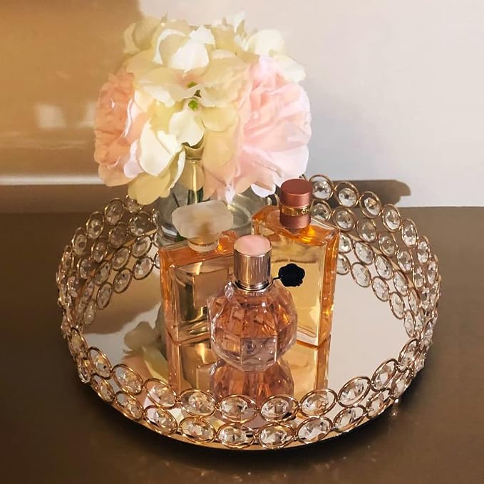 Crystal Decorative Tray Metal Mirrored Perfume Cosmetic Organizer Jewelry Trinket Display Storage Vanity Trays Home Décor Accents Luxury Gift (Round, 10in, Gold) - Image 2