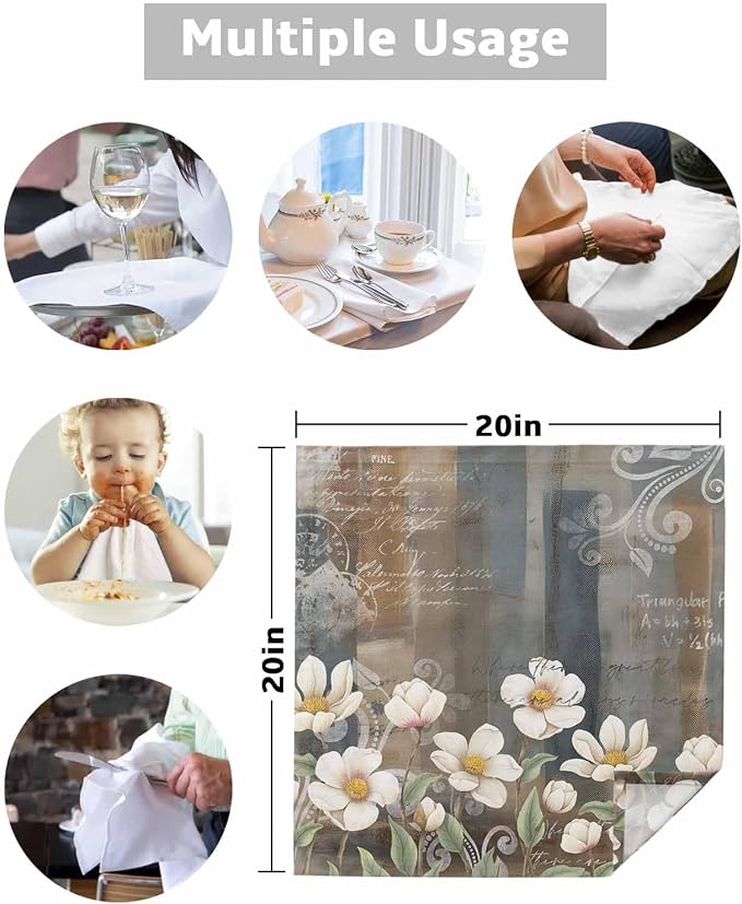 White Flower Cloth Napkins Set of 4, Rustic Floral Brown Grey Abstract Oil Paining Dinner Napkins Cloth Washable, Cocktail Napkins Reusable for Wedding, Party, Birthday (20"x20") - Image 7