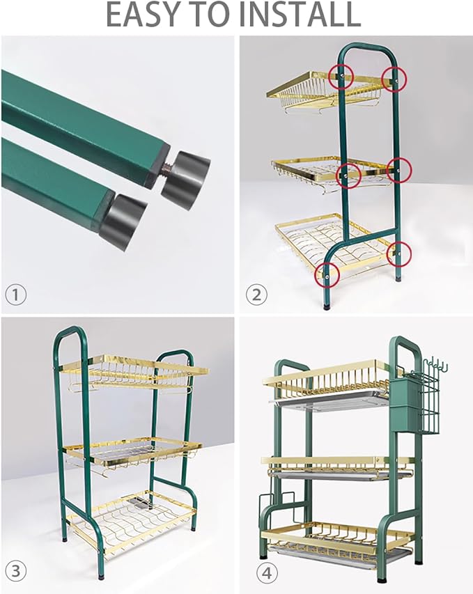 CAKERS Dish Drying Rack with Removable Drain Tray|Carbon Steel Dish Strainers for Kitchen Counter|Tableware Holder Dinnerware Drainer Organizer,Green-Gold,3 Tier(Extra Long)-Main Shelf with Set - Image 9