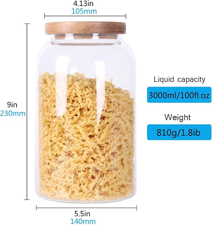 SAIOOL Modern Design Transparent Glass Food Storage Jars, 100FL OZ | 3000ml, Enlarged Thickened, Sealed Wooden Lid, Store Food, Herbs, Tea, Easy to Use and Clean - Image 3