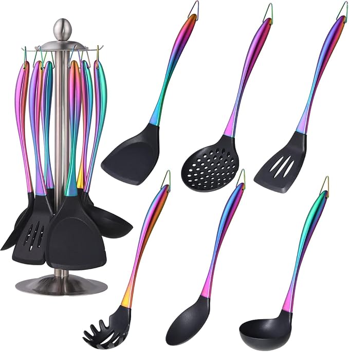 Silicone Cooking Utensil Set,6 pcs Silicone Cooking Kitchen Utensils Set,Non-stick Kitchen Cookware Titanium Stainless Steel Handle with Utensil Holder,Spatula Set for Cooking-Rainbow Color by QOBIMOON
