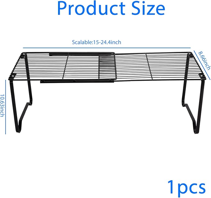 Extendable Metal Wire Shelf Organizer - Adjustable 15-24.4in Length, Stackable Storage Rack for Kitchen, Pantry, Bathroom, Shoe Cabinet & Tool Closet (1 Pack, Black) - Image 3