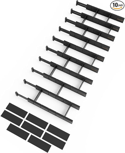 SpaceAid Bamboo Drawer Dividers with Inserts and Labels, Kitchen Adjustable Drawer Organizers, Expandable Organization for Home, Office, Dressers, 10 Dividers with 24 Inserts (17"-22" Black) by SpaceAid