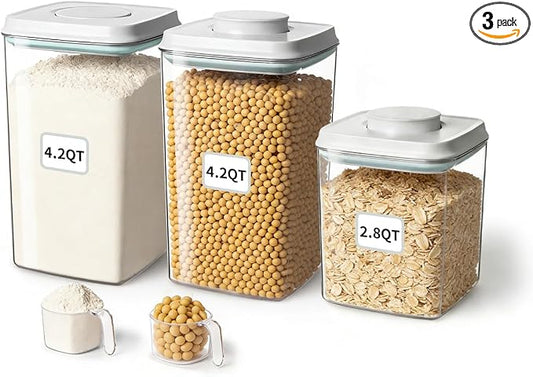 Airtight Food Containers Set with One-Touch Lid, Mixed Size Set (2.8 Qt + 4.2 Qt *2) with Scoop, Stackable Jars for Complete Kitchen Organization by EQI