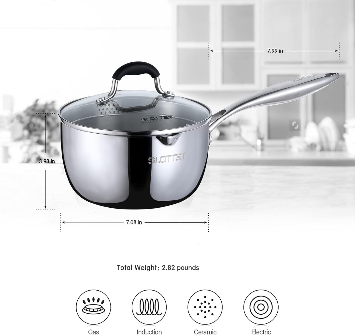 Tri-Ply Whole-Clad Stainless Steel Sauce Pan with Pour Spout,2.5 Quart Small Multipurpose Pasta Pot with Strainer Glass Lid, Saucepan for Cooking with Stay-cool Handle.