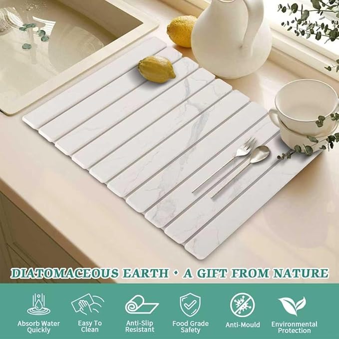 Stone Dish Drying Mat for Kitchen Counter, 24 x 16 Inch(White Marble) | Absorbent diatomaceous earth and PVC, folds for compact storage, suitable for dishes, cups, bottles, or a bathroom floor mat - Image 4