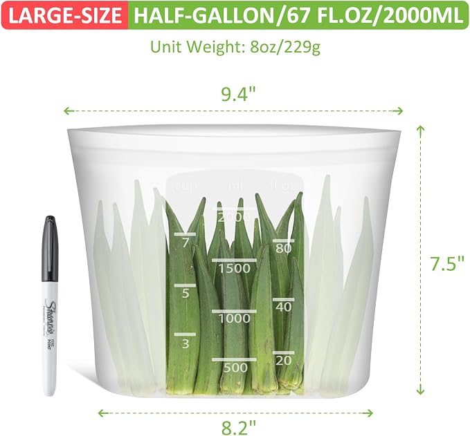 Reusable Food Storage Bags Half-Gallon, 4 Pack 100% Silicone Food Storage Bags Stand-Up Wide-Mouth Zip-Lock for Large Items, 67 fl.oz/2000 ml, Freezer Microwave Oven Dishwasher Safe, Translucent - Image 3