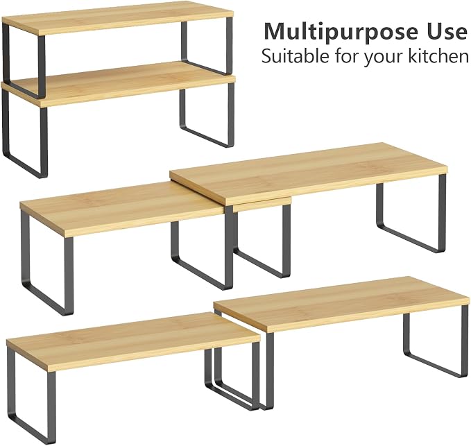NEX Kitchen Cabinet and Counter Shelf Organizer, Stackable & Expandable, Set of 4, Black and Natural - 7.7 x 15.6 x 6.2'' - Image 4