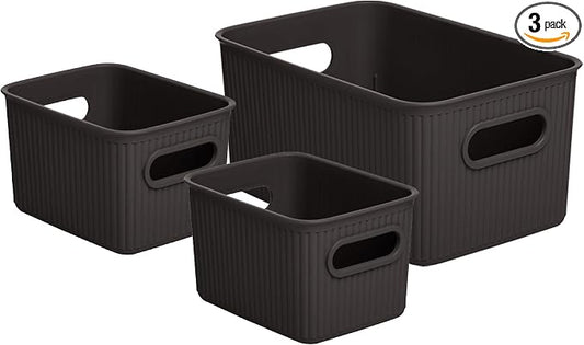Superio Ribbed Collection - Decorative Plastic Basket Open Home Storage Bins Organizer, Brown (Set of 3) 1 Medium, 2 Small - Container Boxes for Organizing Closet Storage Bins for Shelves by Superio
