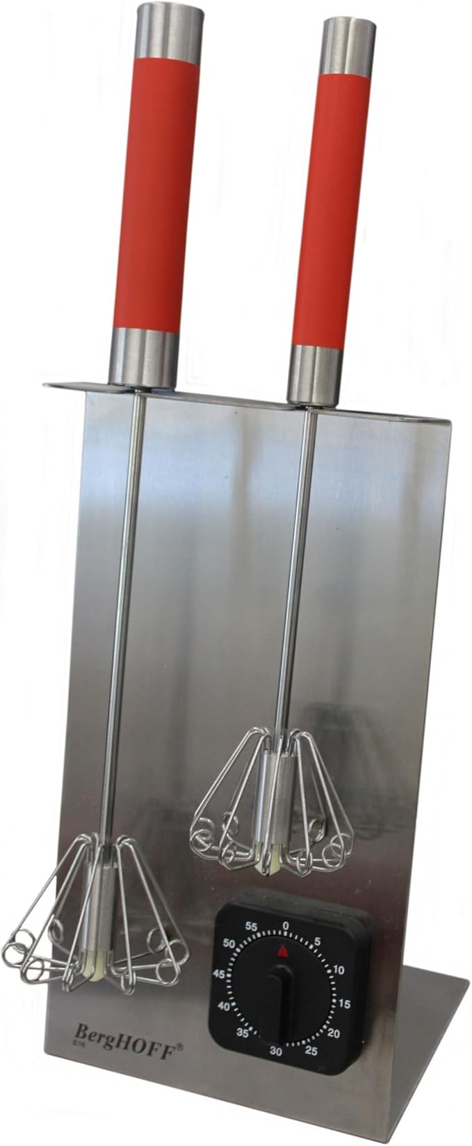 Berghoff Stainless Steel 3Pc Whisk Set, Countertop Stand & Integrated Timer | 3Pc Set of 18 10 Corrosion Resistant Rotating Mixing Whisks, Ergonomic Long Handle for Kitchen Cooking, Silver & Red by BergHOFF