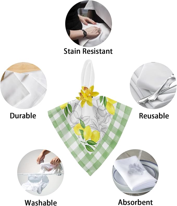 Summer Green Leaves Yellow Lemon Cloth Linen Dinner Napkins 8 Packs,Reusable Table Cocktail Napkins for Wedding,Shower,Party,Lunch,Event Dining Table Setting Decoration,Country Green White Lattice - Image 6