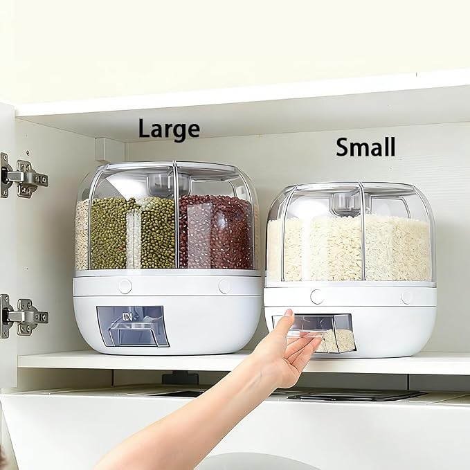 Rotating Grain Storage Bin 6 Grids Rice Container One-Click Output Large Capacity Food Dispenser For Rice Grains Sealed Moisture Proof Organizer (Grey) (Large) - Image 4