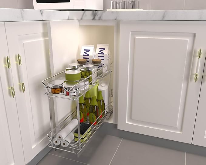 OCG Slide Out Cabinet Organizer for Narrow Cabinet (9" W X 21" D), 2 Tier Pull Out Shelves Slim Sliding Cabinet Organizer and Storage, Chrome - Image 3