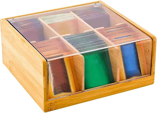 Restaurantware-8.5 x 8 x 3.5 Inch Tea Box Organizer, 1 Sustainable Tea Box Container - 6 Compartments, With Plastic Cover, Bamboo Tea Bag Organizer Storage Box, Durable, For Countertops And Cabinets by Restaurantware