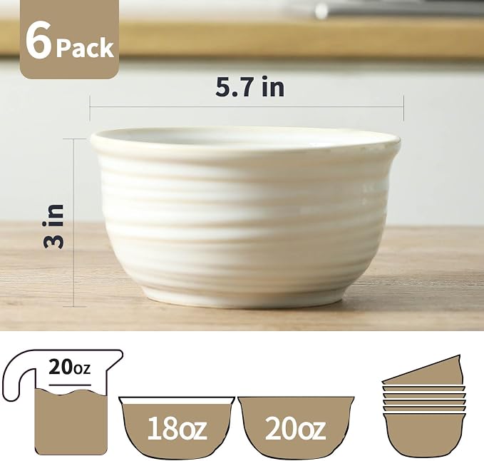 Hasense Cereal Bowls, 20 Ounce Soup Bowls Set of 6, Ceramic Deep Bowl for Kitchen, Perfect for salad Pasta Dessert Oatmeal, Dishwasher and Microwave Safe, Clay-Infused White - Image 2