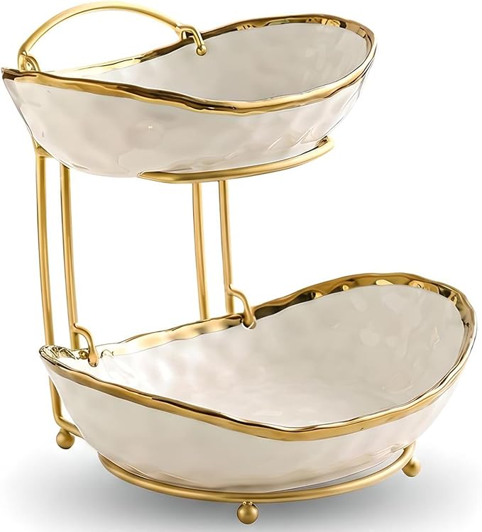 XUDREZ 2 Tier/ 3 Tier Fruit Bowl with Metal Stand for Kitchen Counter, Ceramic Gold Silver White, Portable Tiered Fruit Basket Fruit Rack for Nuts, Snacks, Bread, Candy Storage (White A, 2 Tier) by XUDREZ