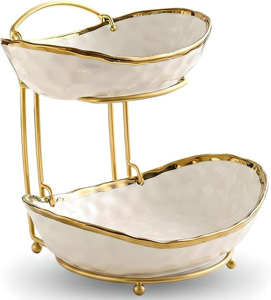 XUDREZ 2 Tier/ 3 Tier Fruit Bowl with Metal Stand for Kitchen Counter, Ceramic Gold Silver White, Portable Tiered Fruit Basket Fruit Rack for Nuts, Snacks, Bread, Candy Storage (White A, 2 Tier) by XUDREZ