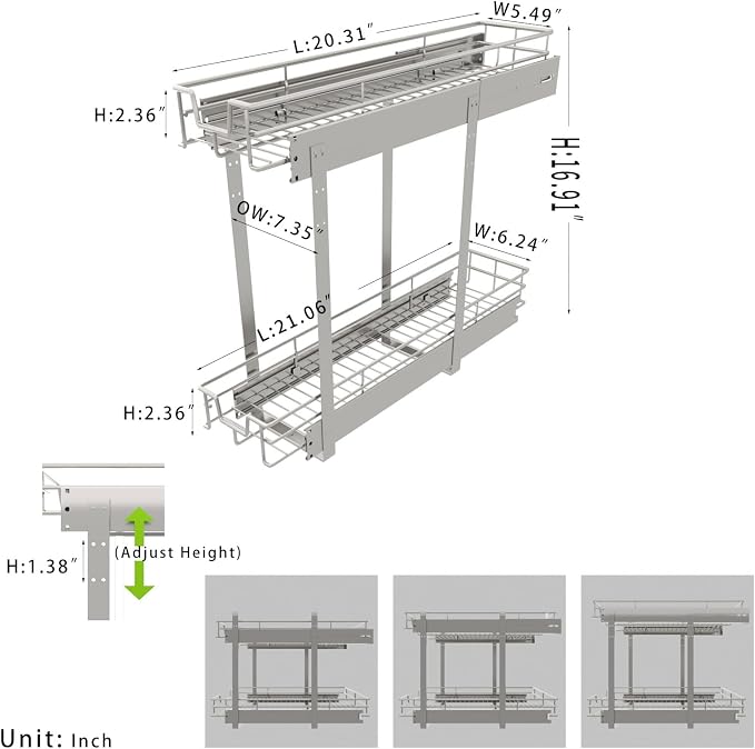 EZKAZA Pull Out Cabinet Organizer 7.5" W x 21" D, 2-Tier Kitchen Cabinet Pullout Shelf and Drawer Organizer Slide Out Pantry Storage Basket, 6.2" W x 21" D x 2.4" H for Bottom Basket Size - Image 3