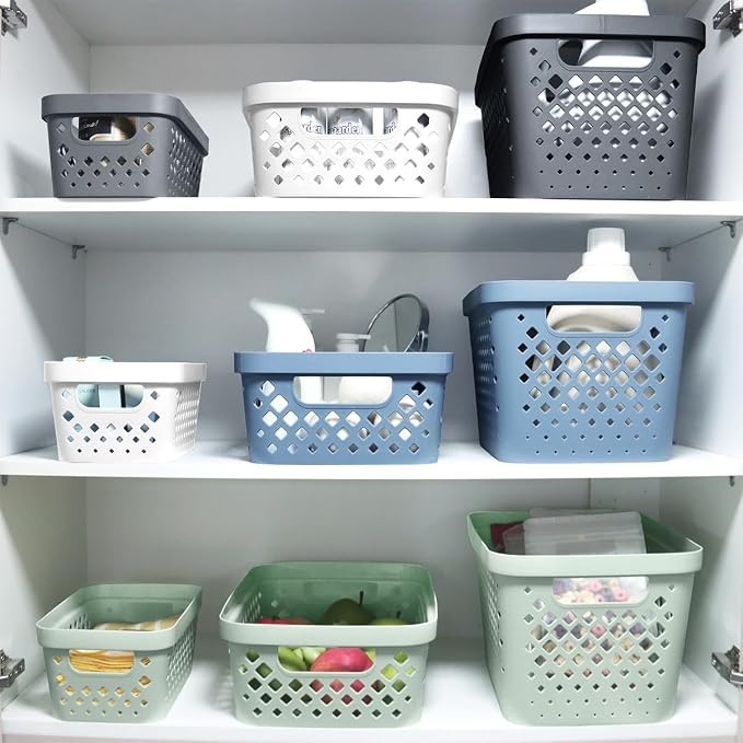 Glad Plastic Baskets for Organizing, Set of 6 | Pantry Storage for Under Counter, Linen Closet, and Bathroom | Nesting Shelf Bins with Handles, 1 Gallon, Sage - Image 3