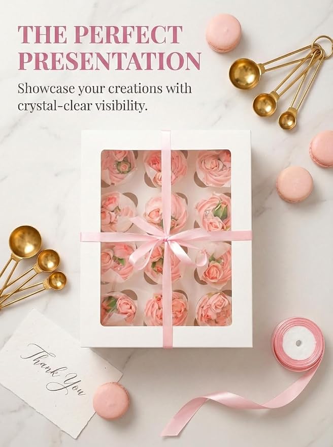qiqee Auto-pop Up Cupcake Boxes with Window White 40PCS 12 Count Cupcake Box 13"x10"x3.5" Cupcakes Carrier, 12 Cupcake Containers with 2 rolls of pink ribbons - Image 6