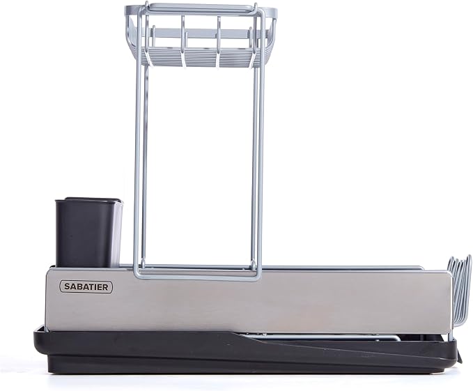 Sabatier Compact 2-Tier Dish Drying Rack with Flatware Caddy and Knife Insert - Stainless Steel Dish Rack for Kitchen Counter, Space-Saving Drainer with Drainboard Spout - Image 7