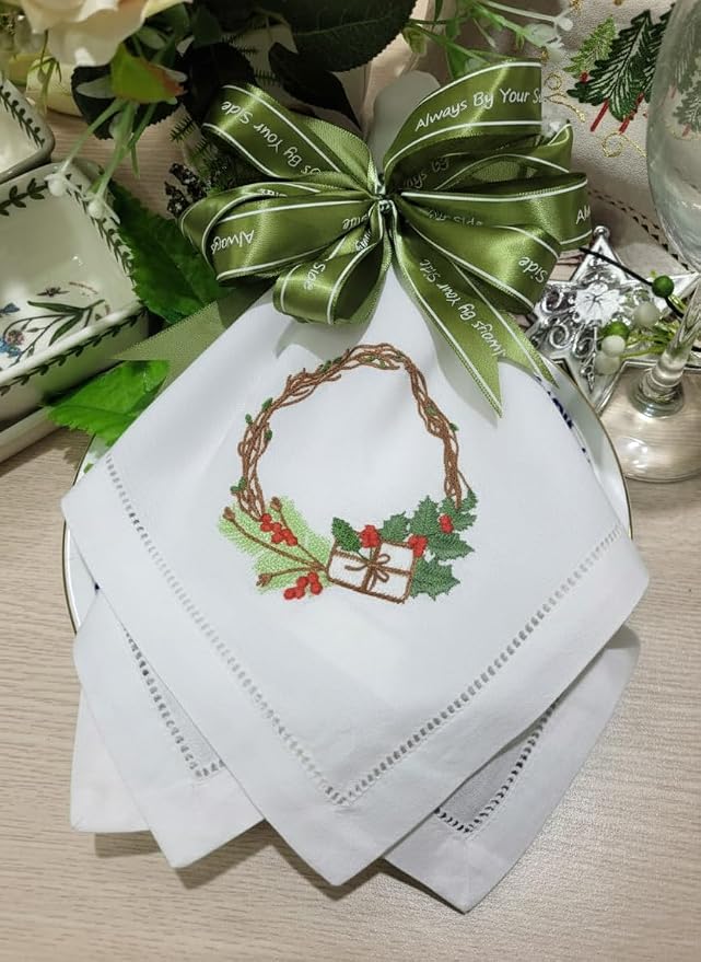 – Embroidered Cloth Napkin Holly Christmas Wreath & Gift Box Cotton Napkins Set of 6, 20 x 20”, Hemstitch Table Napkins, Machine Washable, Daily & Holidays, Great Gift Ideas - Image 3