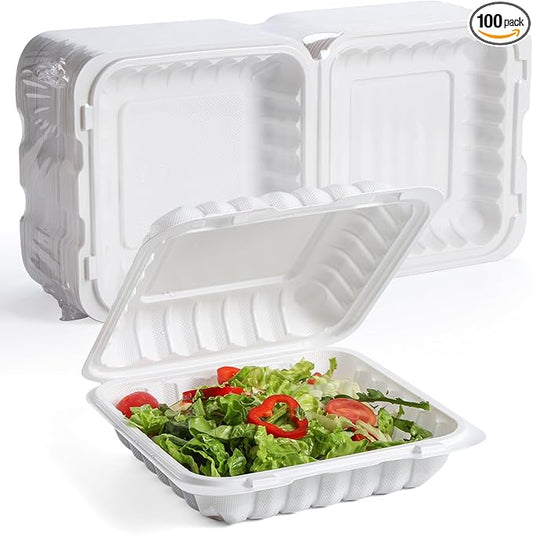 YANGRUI Food Containers 9 Inch 41 oz 100 Pack - Shrink Wrapped No Pre-Wash | Mineral Filled BPA Free PP Plastic | Reusable Heavy Duty Freezer & Microwave Safe | Stackable Design Takeout Container by YANGRUI