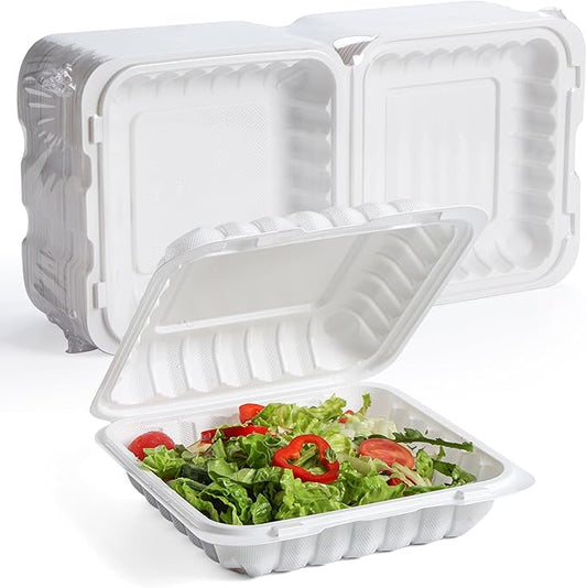 YANGRUI 55-Pack 34oz 8" White Takeout Boxes with Shrink Wrapped No Pre-Wash | Heavy Duty Mineral PP Microwave & Freezer Safe BPA Free Hinged Lunch Containers for Sandwiches, Pizza & Meal Prep by YANGRUI