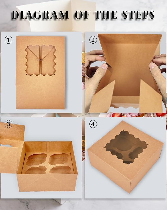 qiqee Auto-pop Up Cupcake Boxes with Window Brown 100PCS 4 Count Cupcake Box 6.3"x6.3"x3" Cupcakes Carrier, 4 Cupcake Containers - Image 4