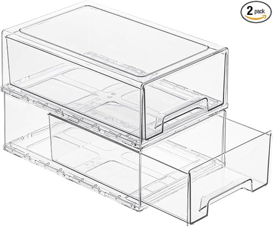 Clear Acrylic Stackable Storage Drawers, Plastic Refrigerator Organizer Bins with Handles for Undersink, Cabinet, Fridge, Closet, Pantry, Office, Bathroom, Kitchen(2 Pack) by PiJeyiee