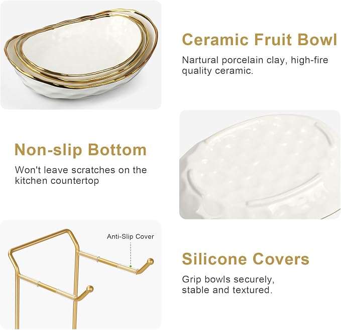 Ceramic Fruit Bowl for Kitchen Counter, Fruit Basket with Metal Stand, Tiered Fruit Rack for Countertop, Modern Serving Bowl for Party Dessert, Vegetable, Snack - Image 3