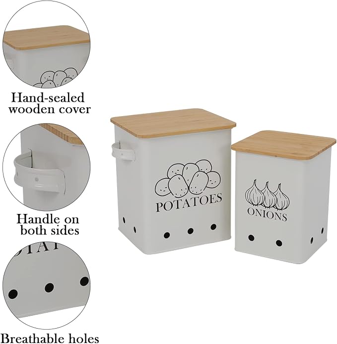 Kitchen Vegetable Storage Tins Set of 2, Onion and Potato Storage Bins with Wooden Lid and Aerating Holes, Garlic Bin Caddy, Vintage Kitchen Decor, White - Image 2