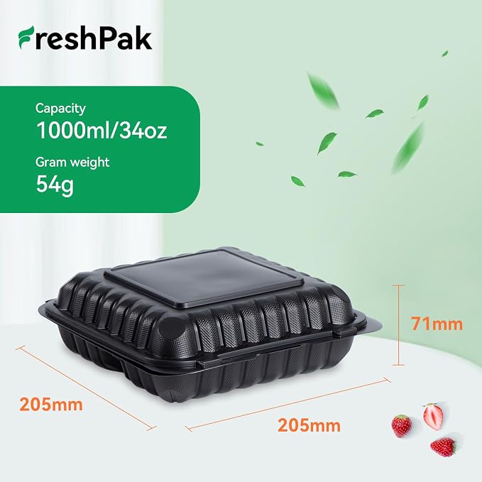 55-Pack 34oz 8x8 Black To Go Boxes - Shrink Wrapped Ready To Use | 3-Compartment MFPP Clamshell Container | Heavy Duty BPA Free, Microwave Safe | Takeout Box for Meal Prep, Leftover & Party - Image 4