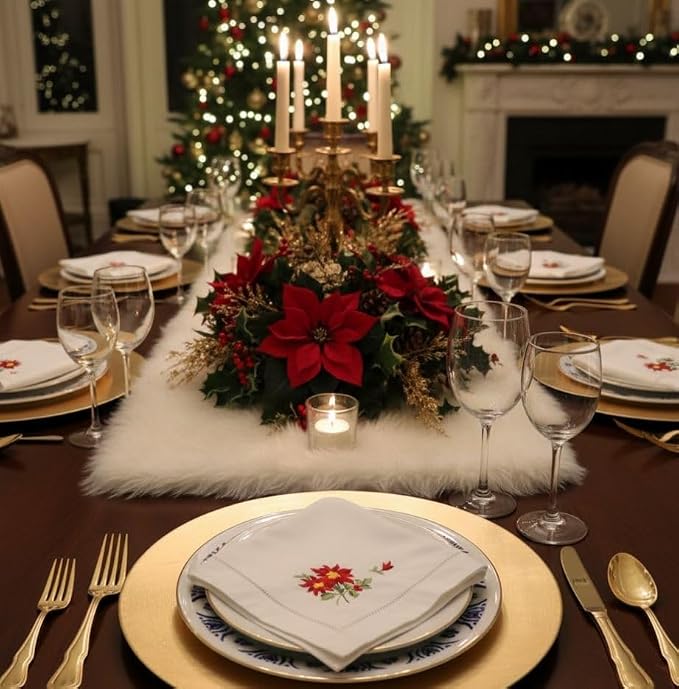 Embroidered Cloth Napkin Red Poinsettia and Holly Christmas Cotton Napkins Set of 6, 20 x 20 Hemstitch Table Napkins Machine Washable, Daily & Holidays, Great Gift Ideas - Image 5